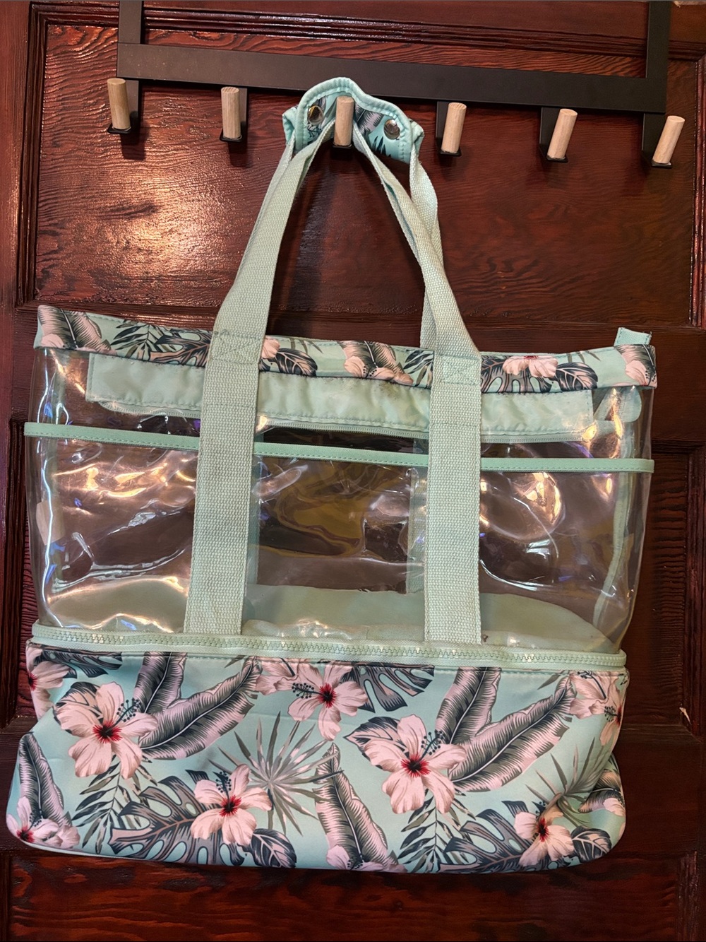 Clear Tote Beach Bag with Mint Floral Trim